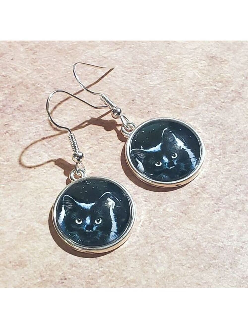 Black Cat Night Sky Silver Plated Glass Cabochon Kitty Kitten Dangle Earrings - Picture 3 of 6